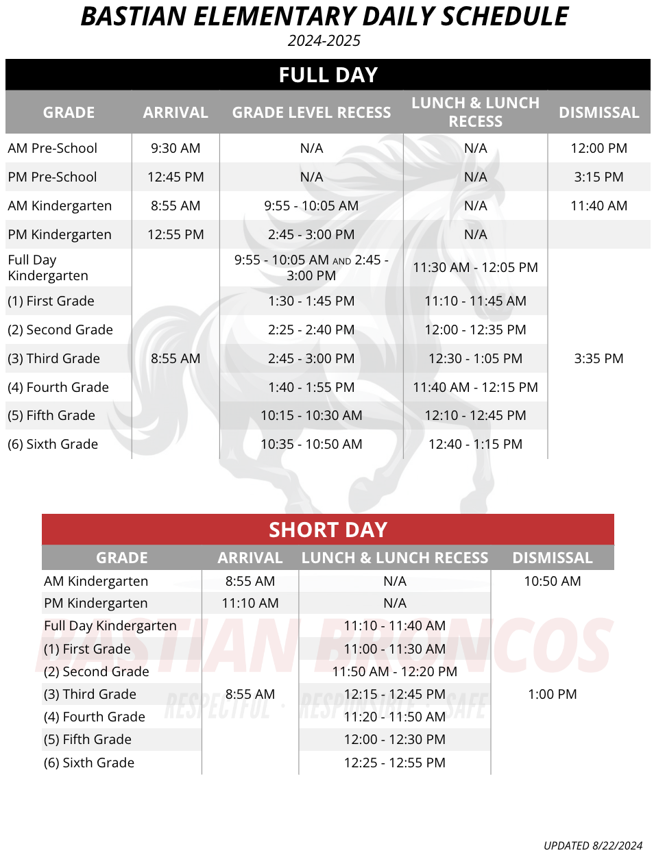 Bastian Elementary Daily Bell Schedule for the 2024-2025 school year.